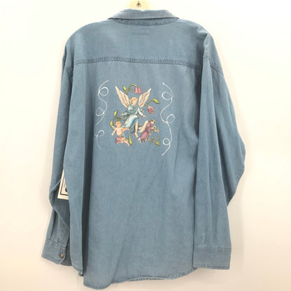 H & J Fashion Angel Figures Flower Print Denim Shirt Long Sleeve Large