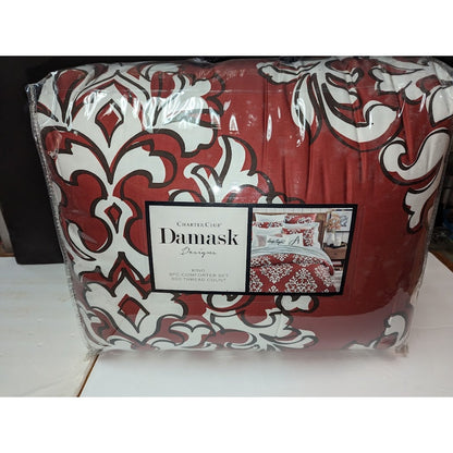 Charter Club Damask Designs Outline  3 PC Duvet Cover Set Maroon Red King NEW