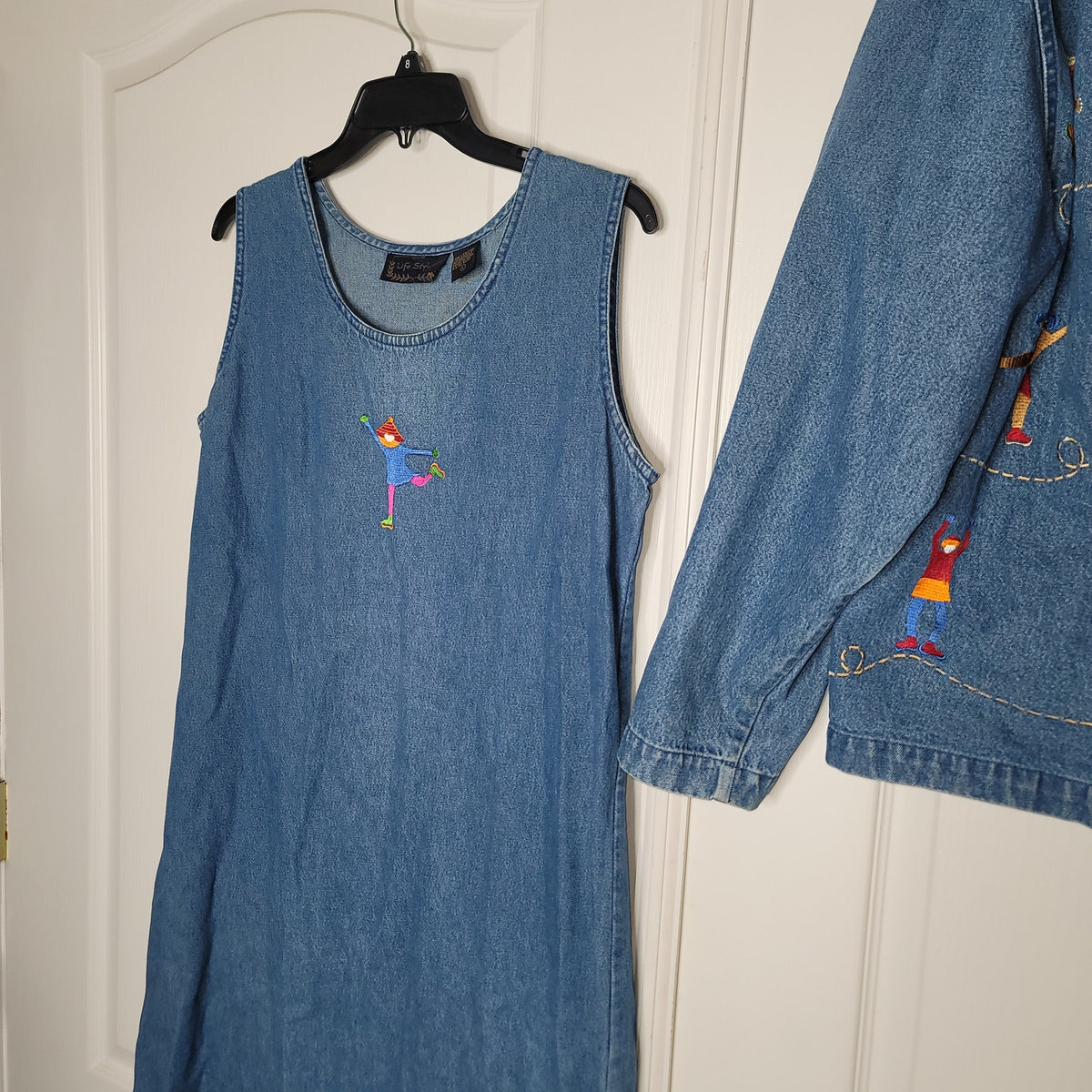 2 piece vintage denim maxi Sleeveless dress jacket embroidery skaters Large 80's