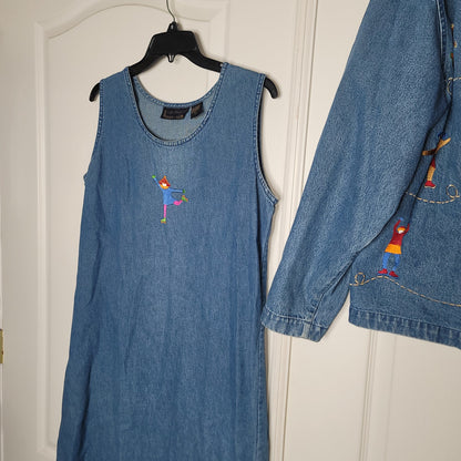 2 piece vintage denim maxi Sleeveless dress jacket embroidery skaters Large 80's