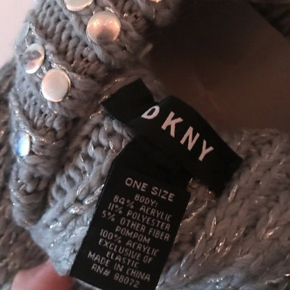DKNY $40 Gray Stud Metallic Ribbed Silver Pompom Beanie hAT wINTER toboggan hat