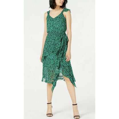 INC International Concepts Women's Cheetah Ruffled Dress Green 16