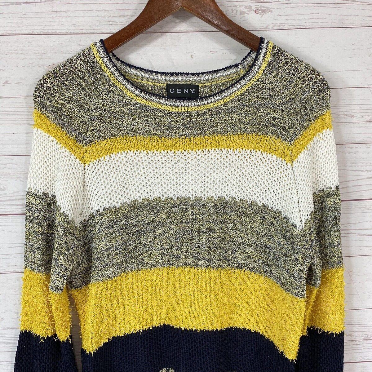 CENY High Low Open Knit Pullover Sweater Size Small Black/Yellow Stripe NWT