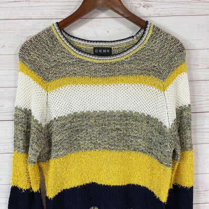 CENY High Low Open Knit Pullover Sweater Size Small Black/Yellow Stripe NWT