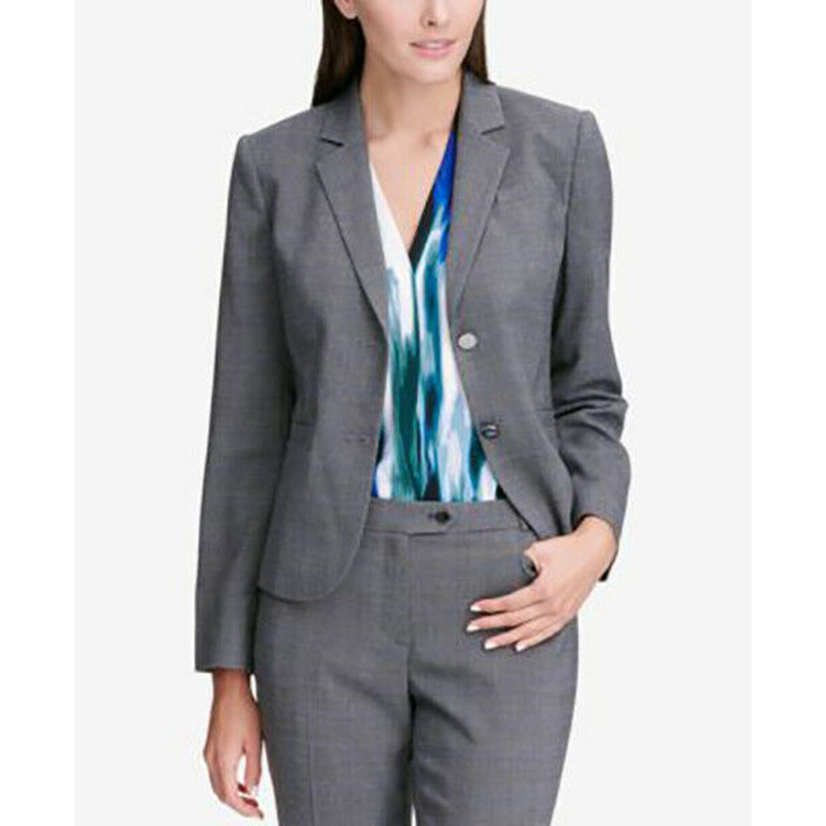 Calvin Klein Women,s Glen Plaid Two-Button Blazer Jacket Charcoal Size 8 NWT