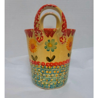 Italica ARS Hand Painted Flower Stoneware Handled Vase Utensil Holder Italy