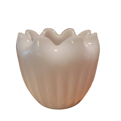 Vintage, Milk Glass Vase, Inward Pinched Ruffle Rim, Rose Bowl, Opalescent