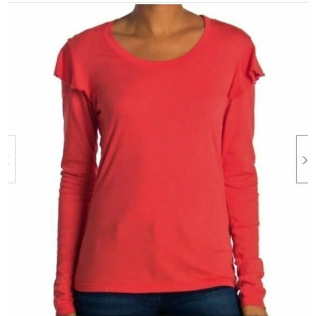 Sundry Womens Ruffle Shoulder Top Size 2/Medium Cherry Red NEW Long Sleeve Scoop