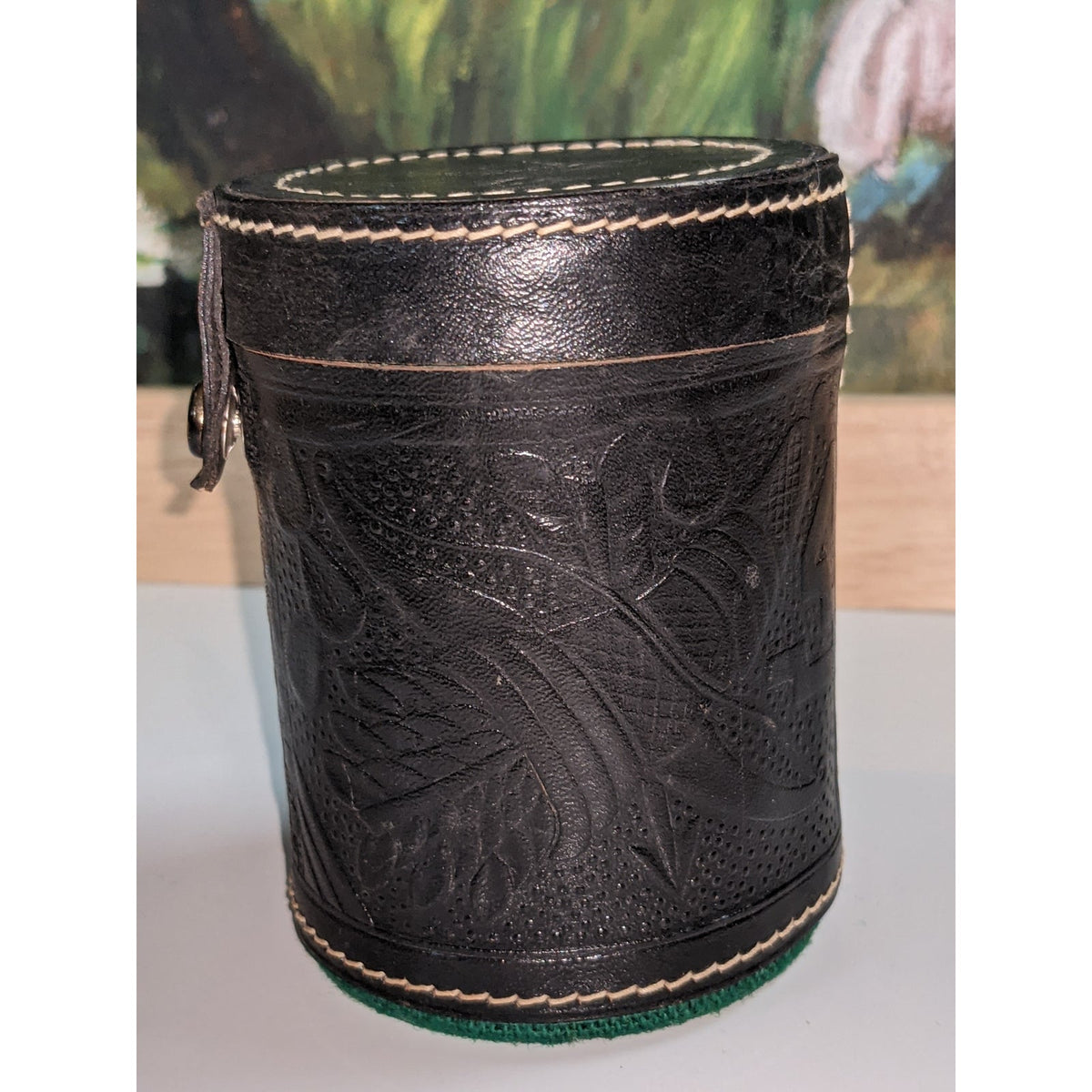 Vintage travel Game Dice Cup Leather Carved Brown Green Lining w Casino Die