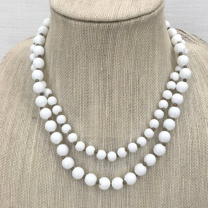 Vintage Double Strand White Beaded Graduated Double Necklace Lobster Clasp