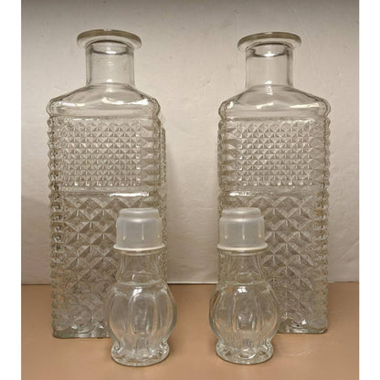 Vintage Glass Decanter Pair 12.5" Pressed Cut Glass Empty Whiskey Bottle Set