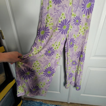 Vintage purple yellow floral Pantsuit Sleeveless Belted Polyester Funky 1960s