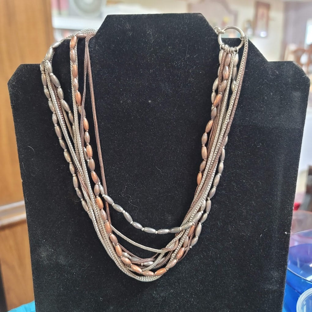 Kenneth Cole Costume Jewelry Steampunk Multi Layered Necklace Metal Tones Beaded