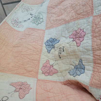 Handmade Pink White Quilt Full Queen Butterfly Stitched Names Community 80x66