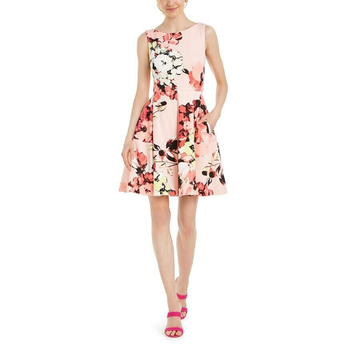 Taylor NWT Floral Scuba Fit & Flare Mini Dress Sleeveless Pink Coral Size 12