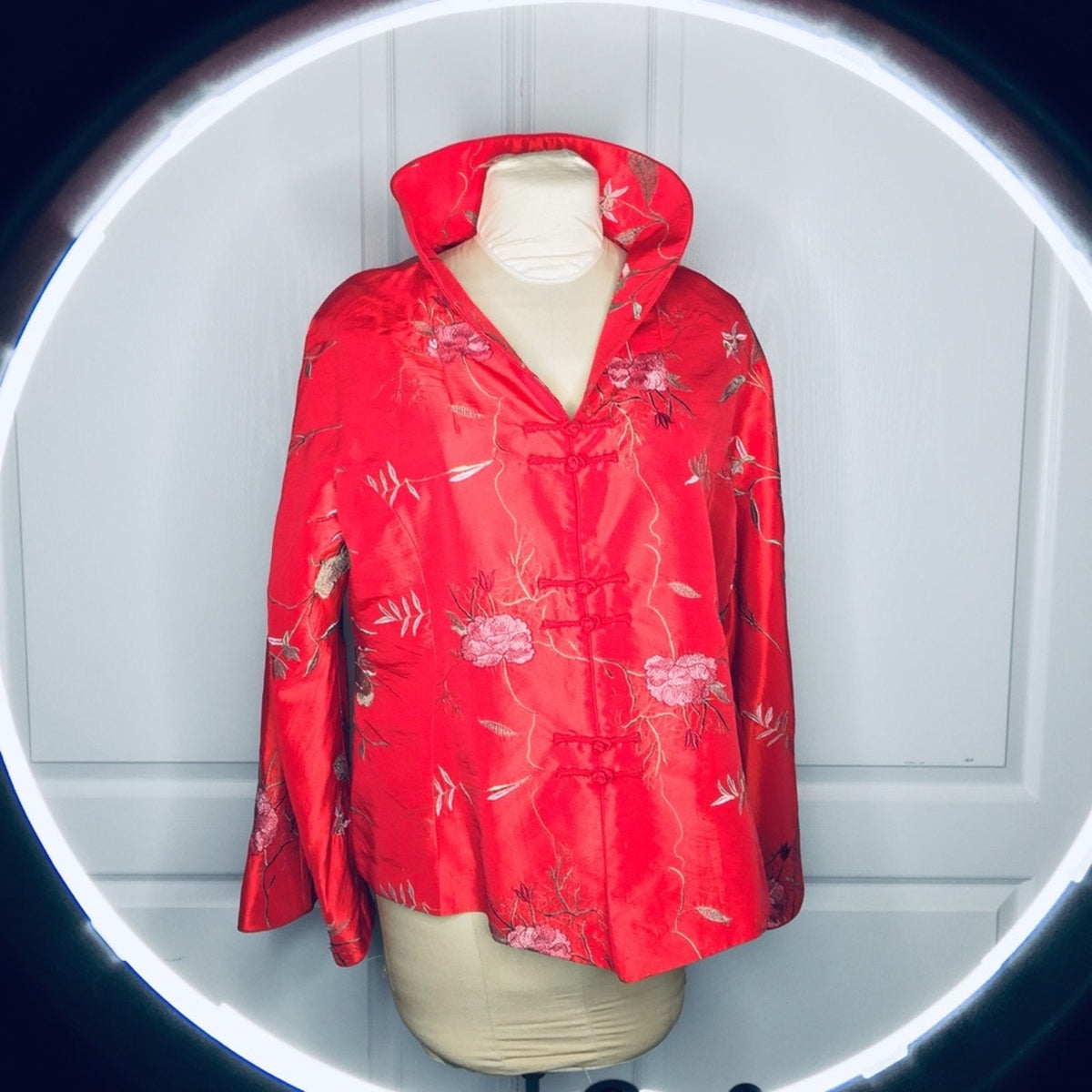 XXL Chinese Asian Large collar button up top RED Satin Feel Floral blouse top
