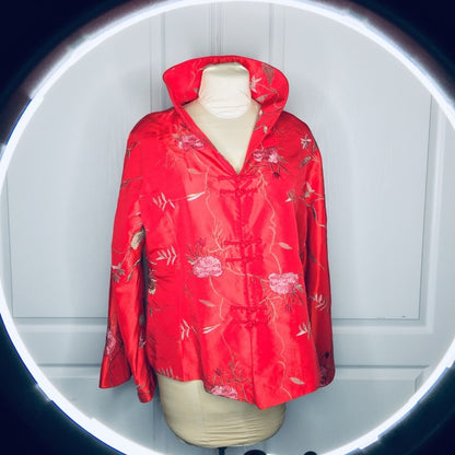 XXL Chinese Asian Large collar button up top RED Satin Feel Floral blouse top