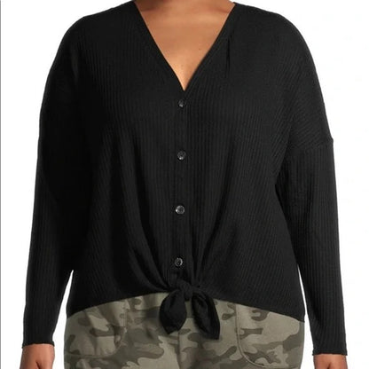 Curvy Sense NWT Plus Size Ramsey Black Waffle Button Tie Front Size 3X