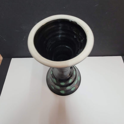 Art Pottery Challis Tall black spotted Artist Signed goblet cup tall blue WHIMSY