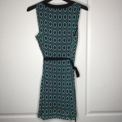 Kensie Tie Waist A-line Dress Buttons Career Sleeveless Blue/Teal/Black LARGE