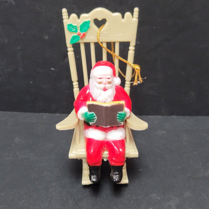 Vintage Santa in Rocking Chair Reading Book. Christmas, Ornament, Plastc