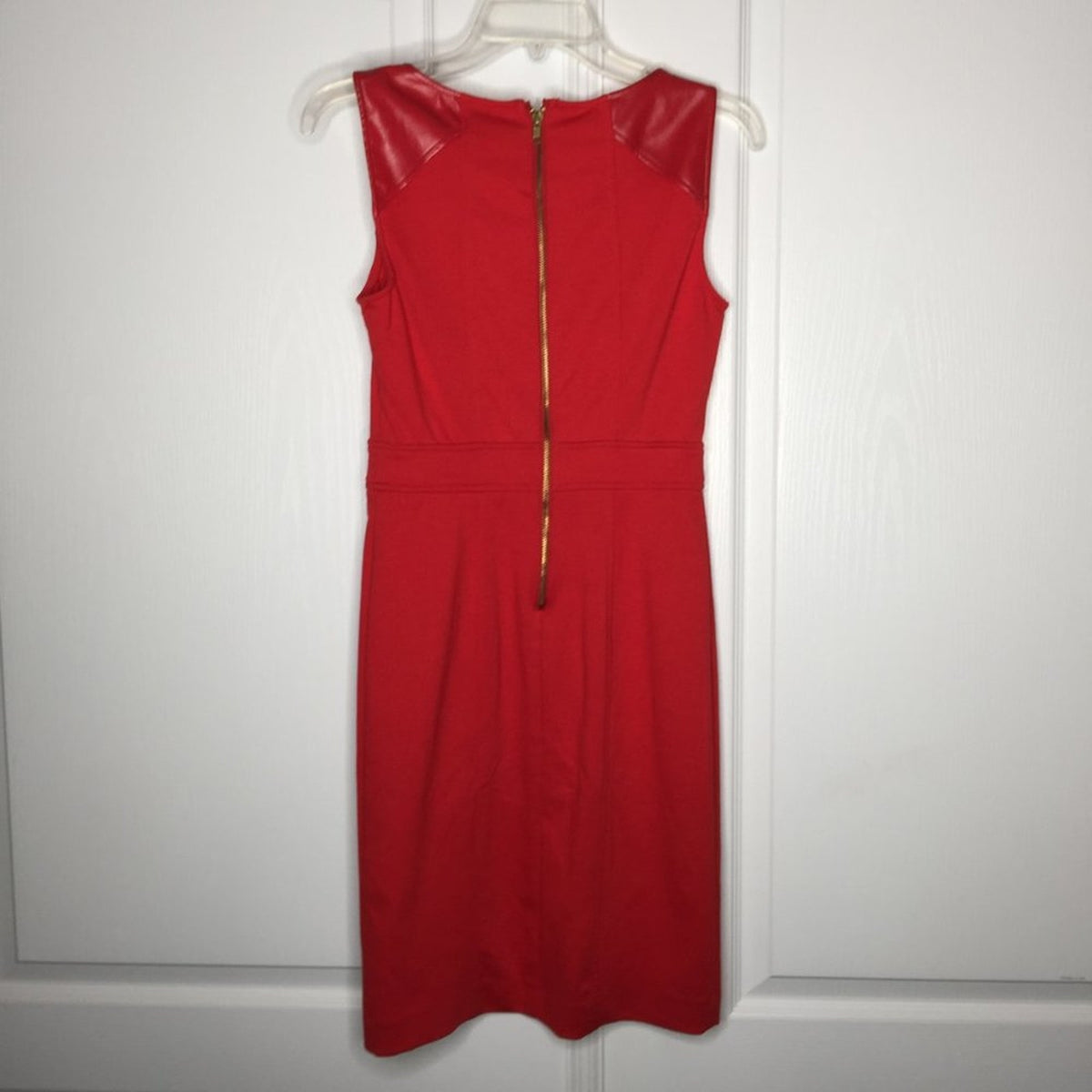 ICE  Sheath Dress Sleeveless Faux Leather Scoop Neck Back Zip Solid Red Size 4