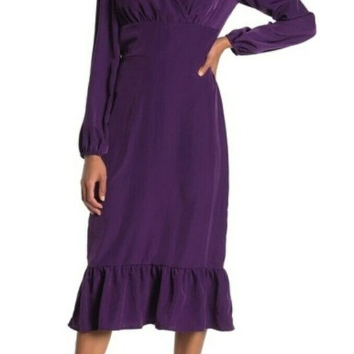 Abound Long Sleeve Ruffle Trim Midi Dress Size Small Purple NWT V-Neck Surplice