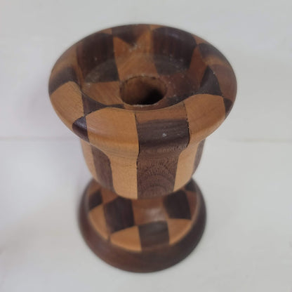 Wood handmade handturned candlestick Vintage Segmented Marquetry Parquetry