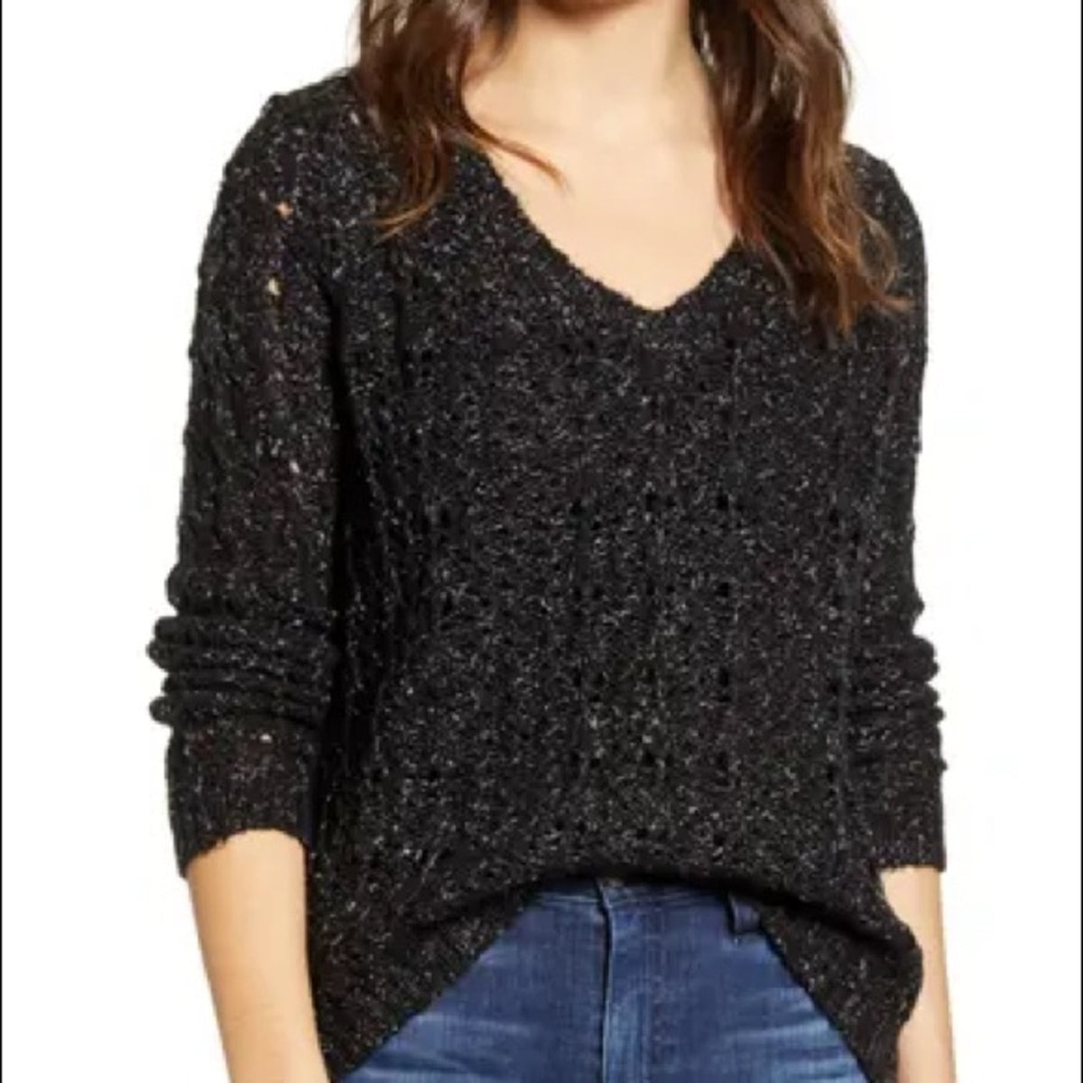 Caslon NEW Black Brushed V-Neck Sweater Small Long Sleeve Knit  Winter Casual