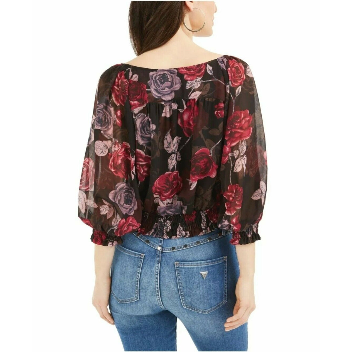 GUESS Large blouse top Black Floral 3/4 Sleeve Scoop Neck Gathered waist sleeve