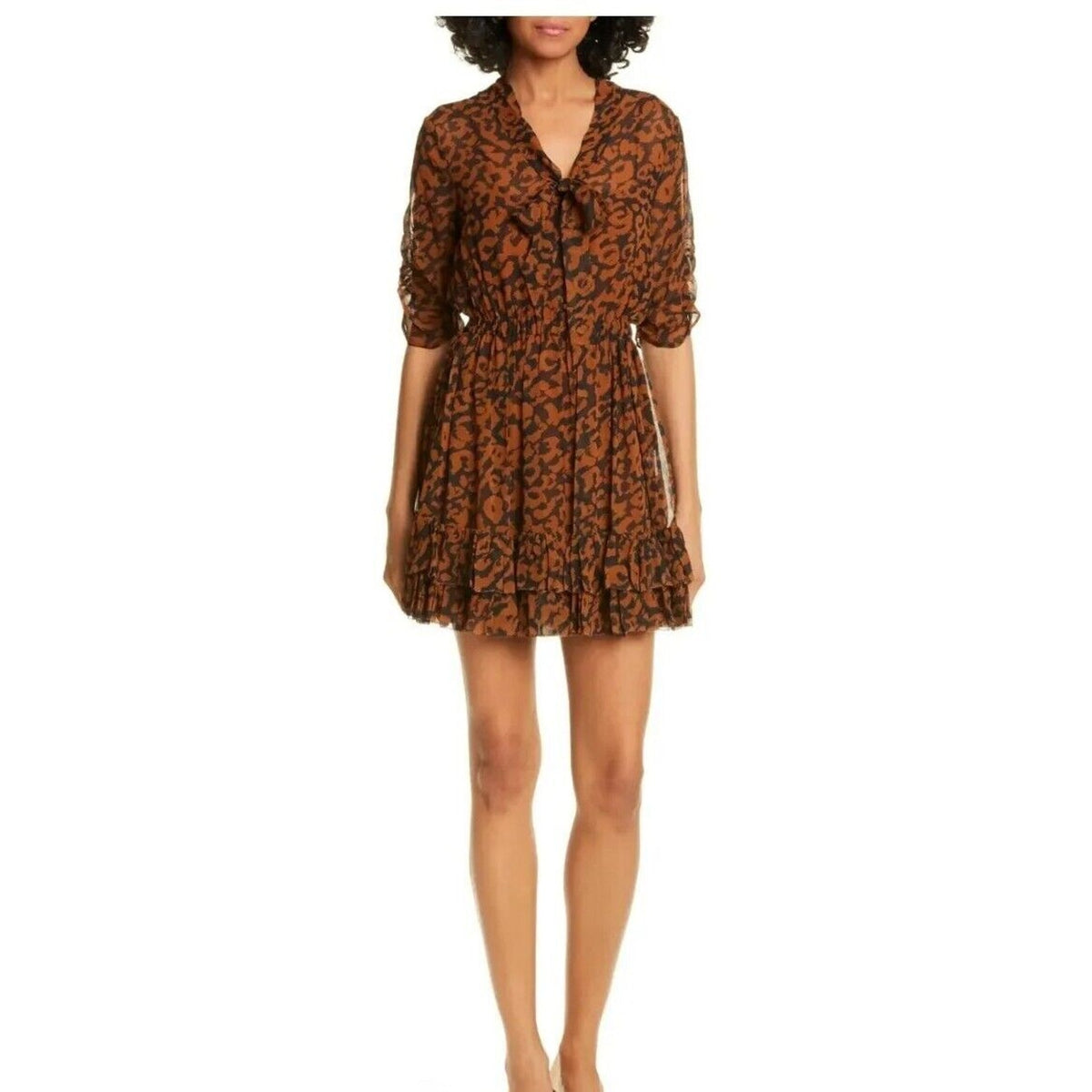 NICHOLAS Leopard Print Neck Tie MINI Flare Ruffle Dress SIZE 4 Blk/brown NEW