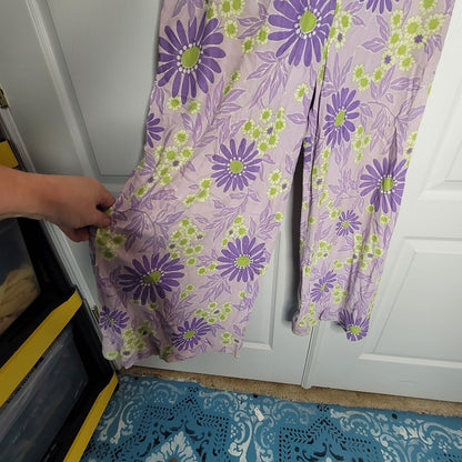 Vintage purple yellow floral Pantsuit Sleeveless Belted Polyester Funky 1960s