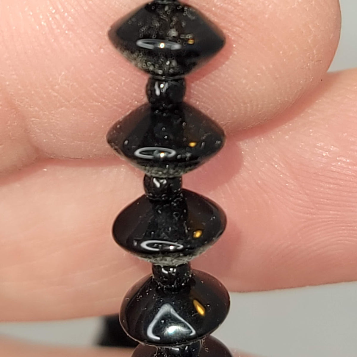 Vintage Necklace black obsidian 8" beaded in between discs glass