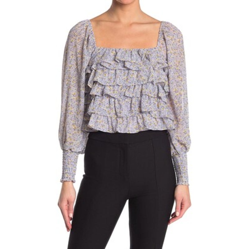 ASTR Women's Ruffle Neck Blouse Top Blue Ditsy Lavender Ruched Cuffs X-Small NWT