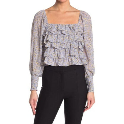 ASTR Women's Ruffle Neck Blouse Top Blue Ditsy Lavender Ruched Cuffs X-Small NWT