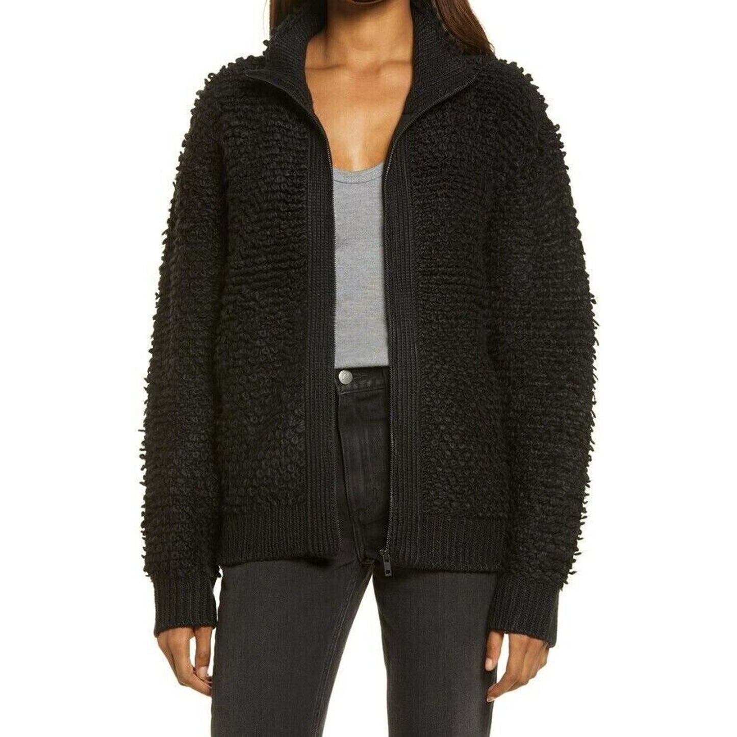Treasure & Bond Loop Yarn Front Zip Cardigan Sweater Jacket Sz Small Black NWT