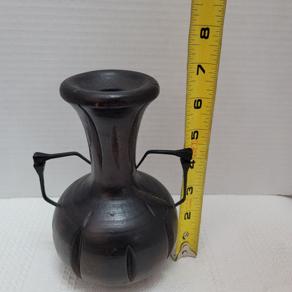 Vintage Brutalist Handmade Artisan Wood hand turned Vase Cut Nail Handles