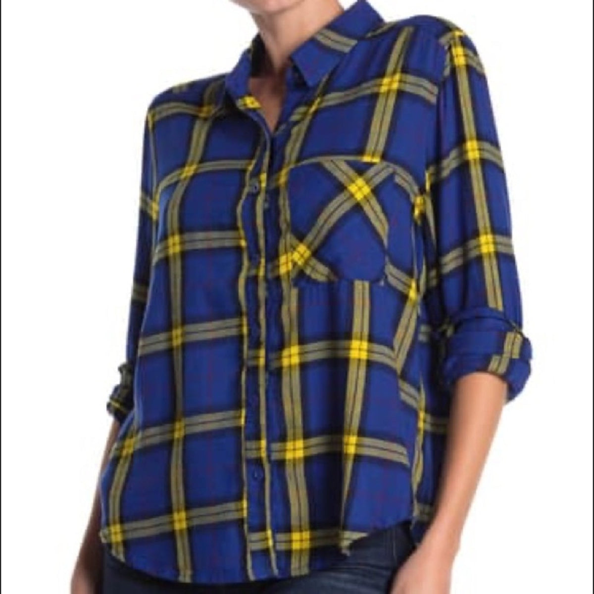 Abound Yellow Blue Plaid Button Down Shirt Small WOMENS long sleeve blue yellow