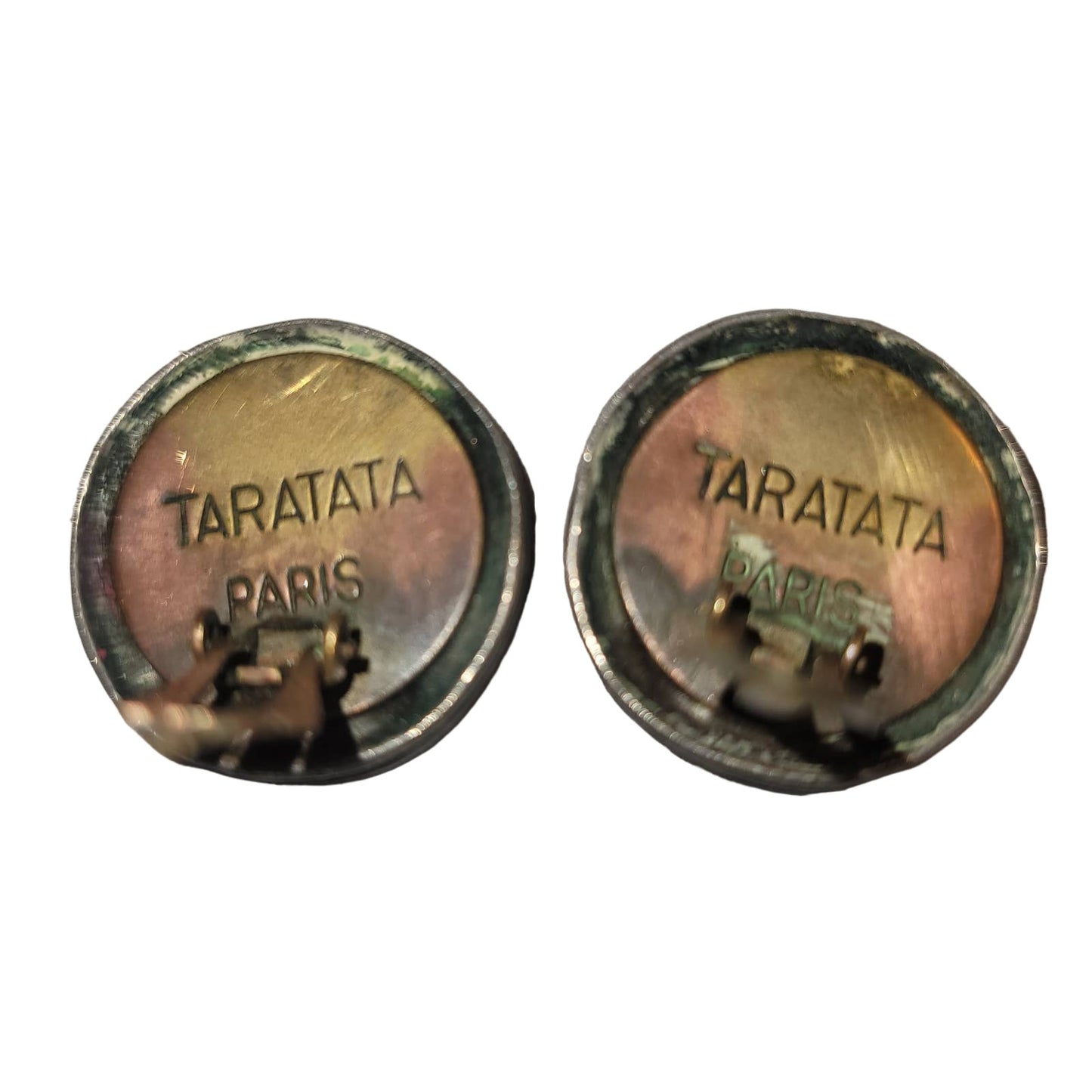 Vintage Taratata Silver Round Enamelware Raised Blue Star Paris clipon earrings