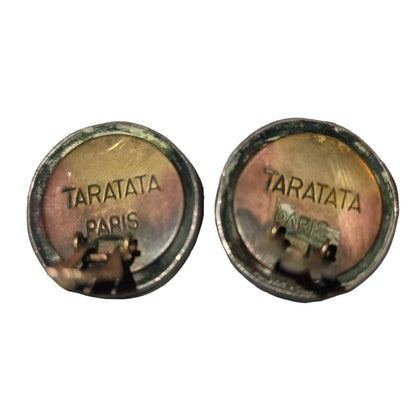 Vintage Taratata Silver Round Enamelware Raised Blue Star Paris clipon earrings