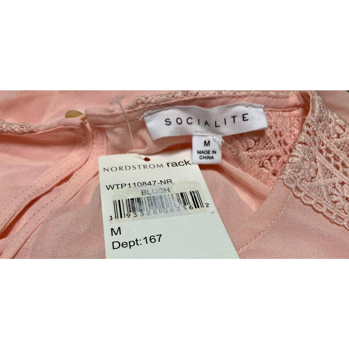 Socialite Blush Pink Medium NEW Crochet Trim Smocked Waist & Sleeve Blouse