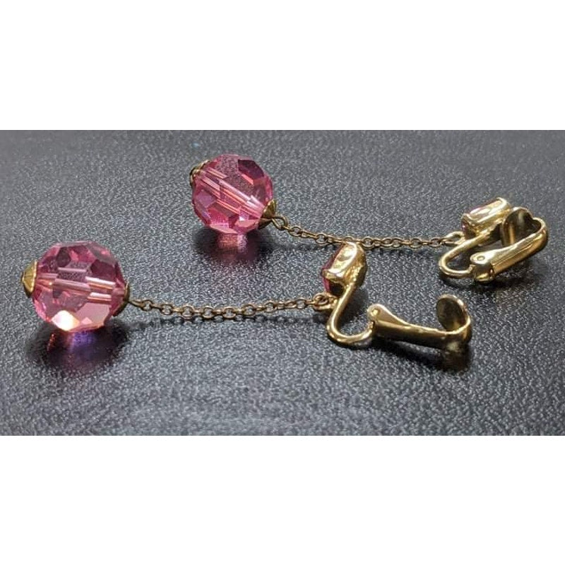 Pink Iridescent Glass Crystal Bead Drop Goldtone ClipOn Earrings Delicate 50s