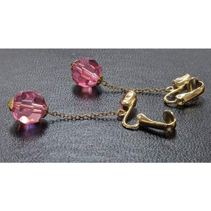 Pink Iridescent Glass Crystal Bead Drop Goldtone ClipOn Earrings Delicate 50s