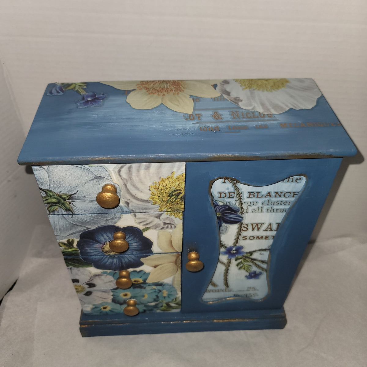 BLUE Hand-painted dry rub floral gold Custom 4 drawer jewelry box trinket stash