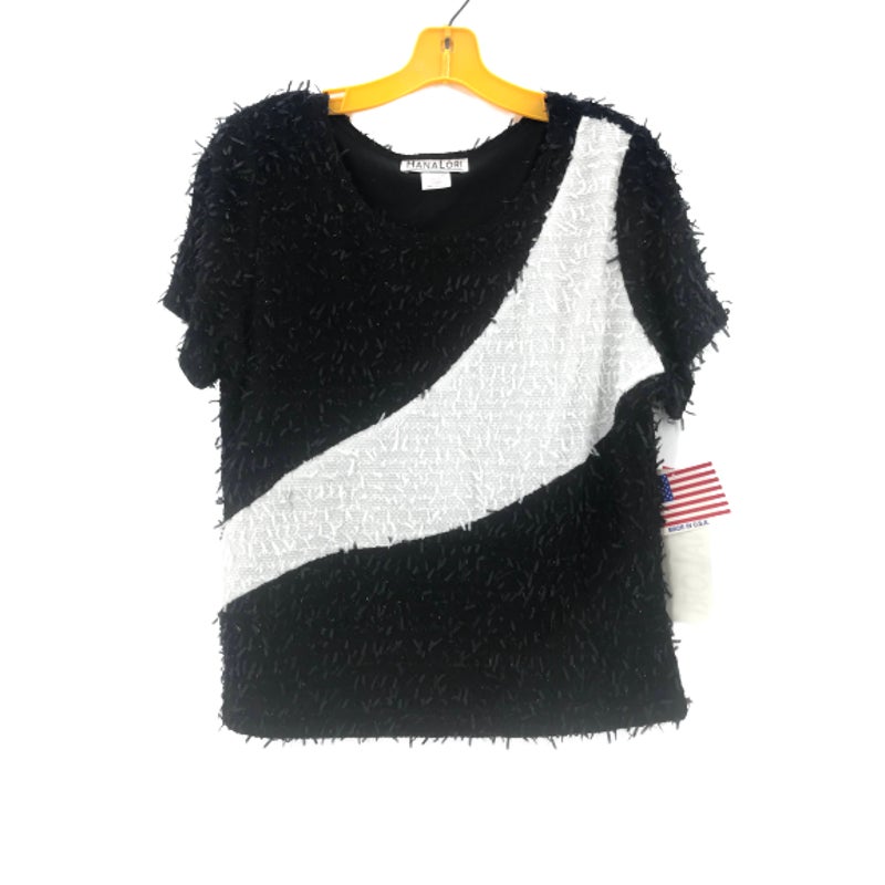 Hana Lori Women's Fluffy Furry Fuzzy Top Short Sleeves Black White X-Large NWT