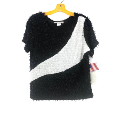 Hana Lori Women's Fluffy Furry Fuzzy Top Short Sleeves Black White X-Large NWT
