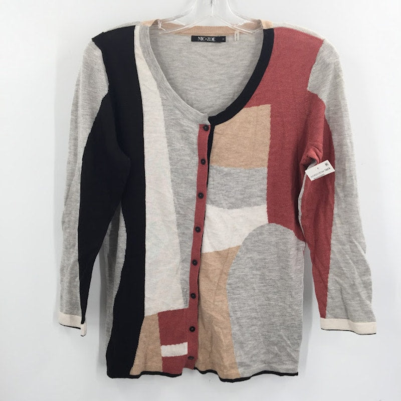Nic and Zoe button up cardigan sweater lightweight small geometric brown gray