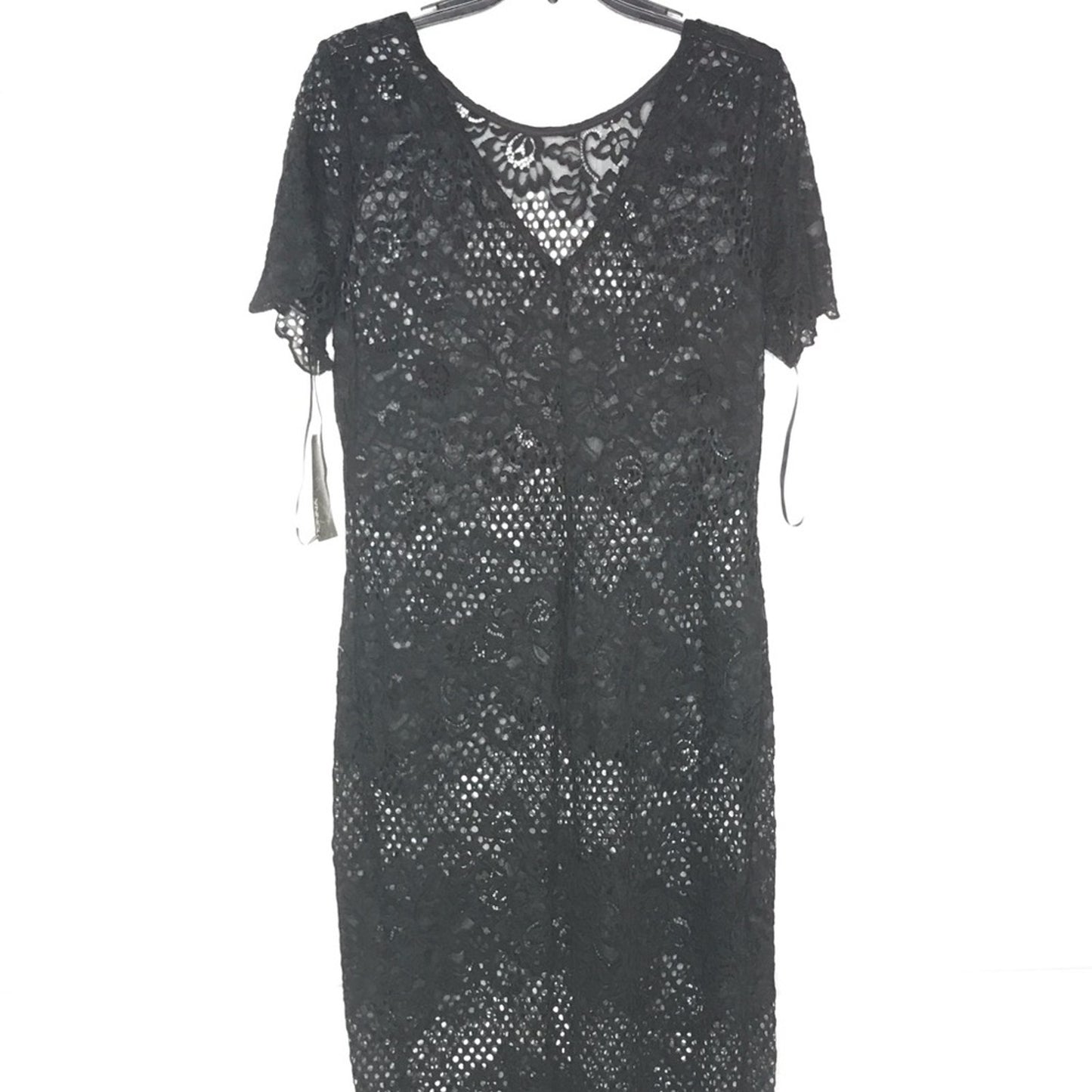 Donna Ricco NEW Black Lace V-Neck Dress gothic 14 casual short sleeve SEE THRU