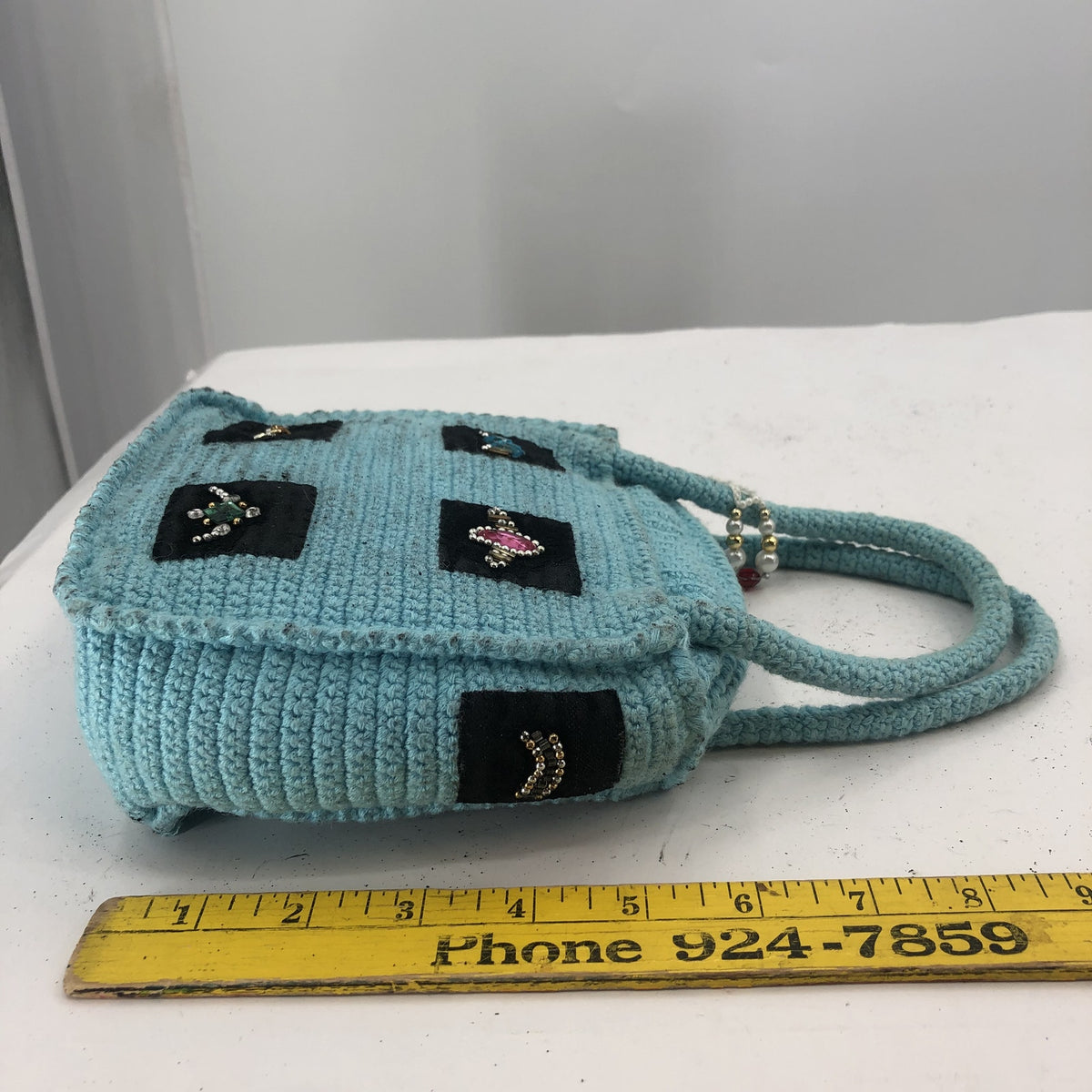 Vintage Unbranded Womens Handmade Crochet Knitted Tote Bag Turquoise Small