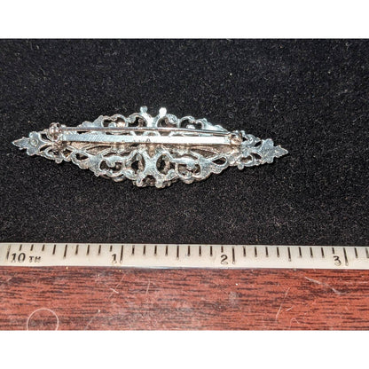 Vintage Brooch Black Stones Receded Setting Silver Tone Filigree Oval Pin